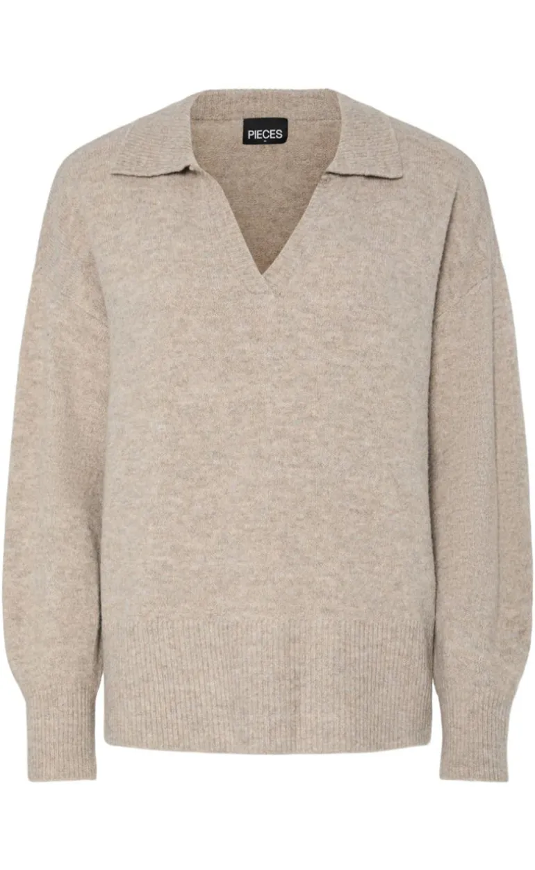 Pieces Striktrøje - Malou Polo - Taupe Gray Melange