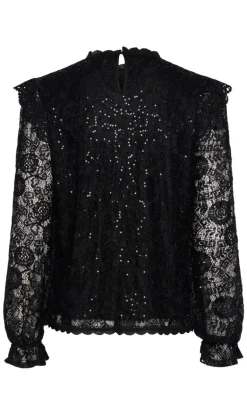 Pieces Top - Olline LS Lace Sequins - Black