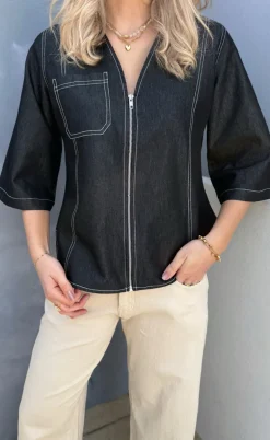 Say INA Copenhagen Bluse - Zenia Zipper - Black Denim