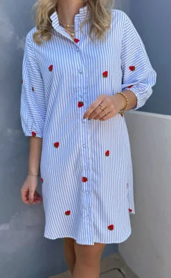 Say INA Copenhagen Kjole - Selma - Blue Striped W. Strawberries