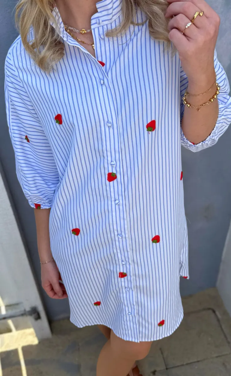 Say INA Copenhagen Kjole - Selma - Blue Striped W. Strawberries