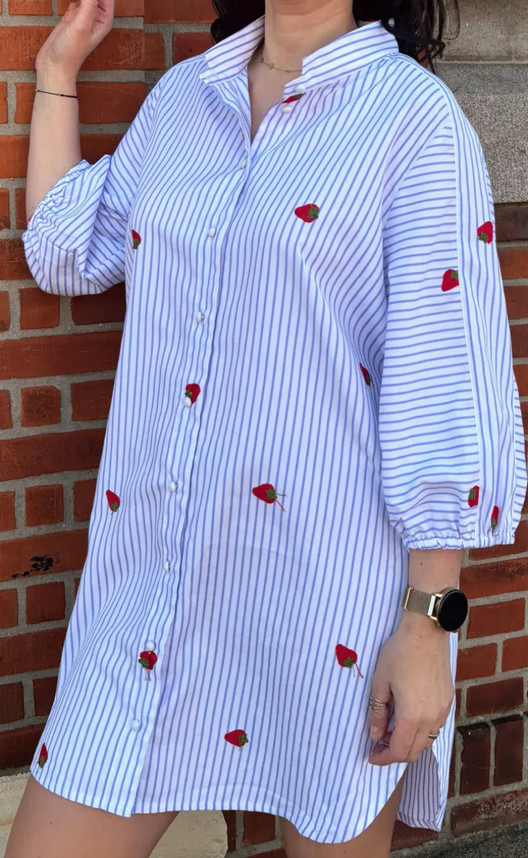 Say INA Copenhagen Kjole - Selma - Blue Striped W. Strawberries