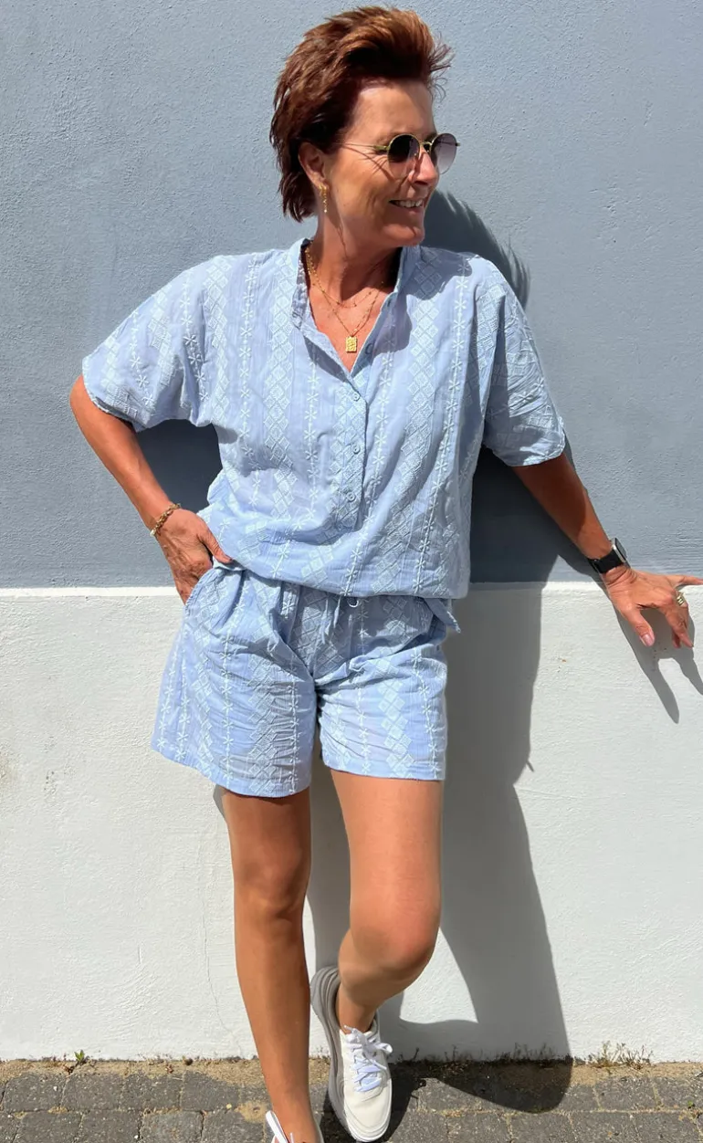 Say INA Copenhagen Shorts - Erica - Blue/White Embroidery