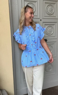 Say INA Copenhagen Top - Freya - Blue Striped W. Cherries