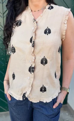 Say INA Copenhagen Top - Melania - Beige w. Black Embroidery