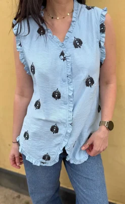 Say INA Copenhagen Top - Melania - Blue w. Black Embroidery