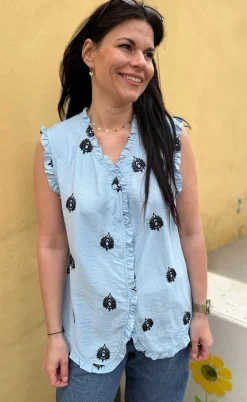 Say INA Copenhagen Top - Melania - Blue w. Black Embroidery